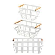 Kit 3 Cesto De Metal Com Alca De Bambu Frutas Branco