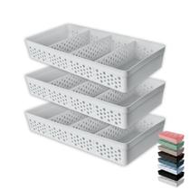 Kit 3 Cesto Organizador Armário Gaveta Lavanderia Trama Rattan 33x17 c/ 3 Divisórias