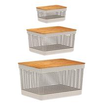 Kit 3 Cesto Organizador Grid C/ Tampa De Bambu 2,5 e 8 e 20l Kit 3 Cesto Organizador Grid C/ Tampa De Bambu 2,5 e 8 e 20l