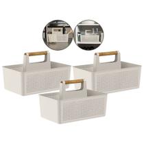 Kit 3 Cesto Organizador Multiuso Alça Bambu 8L Lavanderia Bege