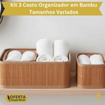 Kit 3 Cestos Bambu Conjunto com Tecido Forro Algodão Cesto Organizador Multiuso Amadeirado Premium