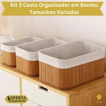 Kit 3 Cestos Bambu Conjunto Tecido Forro Algodão Cesto Organizador Multiuso Amadeirado Premium