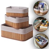 Kit 3 Cestos Caixa Organizador Bambu Tecido Multiuso Forro
