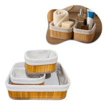Kit 3 Cestos Caixa Organizador Bambu Tecido Multiuso Forro