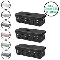 Kit 3 Cestos Caixa Organizadora Comprido 3,6 Litros C/ Tampa