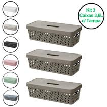 Kit 3 Cestos Caixa Organizadora Comprido 3,6 Litros C/ Tampa Kit 3 Cestos Caixa Organizadora Comprido 3,6 Litros C/ Tampa