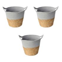 Kit 3 Cestos De Fibra Natural E Algodao C/alca 33x28cm Cinza