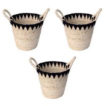 Kit 3 Cestos De Fibra Natural E Algodão Com Alça 26X25Cm Palha Preto