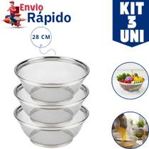 Kit 3 Cestos Escorredor Multiuso Peneira Aço Inox 28 cm Ideal Para Lavar Saladas Escorrer Macarrão Frituras