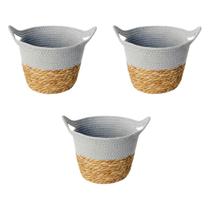 Kit 3 cestos fibra natural e algodao c/ alca 24x18cm cinza