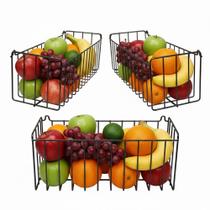 Kit 3 Cestos Multiuso Fruteira de Parede Aramado para Cozinha Lavanderia N2 25x11cm Preto
