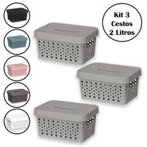 Kit 3 Cestos Organizador Com Tampa 2 Litros Multiuso