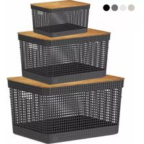 Kit 3 Cestos Organizador OU Com Tampa De Bambu