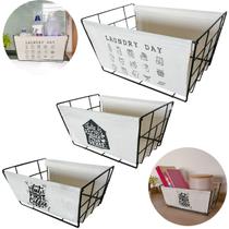 Kit 3 Cestos Organizador P M G Multiuso Lavanderia Cozinha Escritório Aço Preto Tecido Bege Luxo