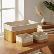 Kit 3 Cestos Organizadores Bambu Natural Multiuso Banheiro Cozinha Quarto Decorativo Armazenamento Sustentável Elegante