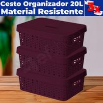 Kit 3 Cestos Organizadores C/ Tampa Armário Gaveta Lavanderia 20L (46X34)