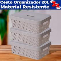 Kit 3 Cestos Organizadores C/ Tampa Armário Gaveta Lavanderia 20L (46X34)