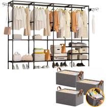 Kit 3 Cestos Organizadores Caixa Dobrável Multiuso + Arara Cabideiro 4 Colunas de Roupas 10 Prateleiras Prova D'Água