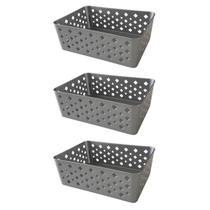 Kit 3 Cestos Organizadores Cinza Multiuso Médio Empilhável Gaveta Armário Lavanderia 19x14x6,5