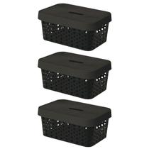 Kit 3 Cestos Organizadores com Tampa 4,5 Litros 26x18x11 Caixa Organizadora Multiuso Rattan