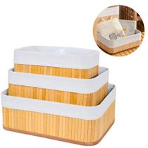 Kit 3 Cestos Organizadores de Bambu com Forro em Tecido para Banheiro Cozinha Closet Sustent Kit 3 Cestos Organizadores de Bambu com Forro em Tecido para Banheiro Cozinha Closet Sustent