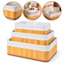 Kit 3 Cestos Organizadores de Bambu Multiuso com Forro - KONTUZ
