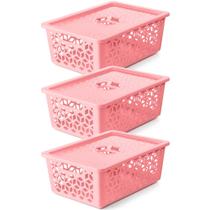 Kit 3 Cestos Organizadores Empilháveis com Tampa Caixa Organizadora Plástica Rosa