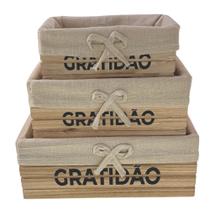 Kit 3 Cestos Organizadores Multiuso Madeira Forrado Tecido Cesta Decorativa Porta Trecos Natural