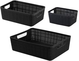 Kit 3 Cestos Organizadores Multiuso Rattan Home Organizer P-M-G Cor: Preto