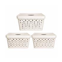 Kit 3 cestos organizadores off white com tampa 17 litros Kit 3 cestos organizadores off white com tampa 17 litros