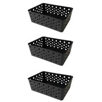 Kit 3 Cestos Organizadores Preto Multiuso Médio Empilhável Gaveta Armário Lavanderia 19x14x6,5