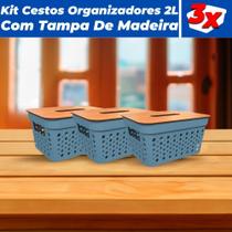 KIt 3 Cestos Organizadores Rattan 2L Com Tampa De Madeira