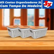 KIt 3 Cestos Organizadores Rattan 2L Com Tampa De Madeira