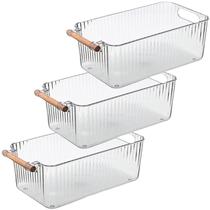 Kit 3 Cestos Organizadores Transparentes Multiuso de Plástico com Alça de Madeira 2L