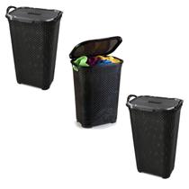 Kit 3 Cestos Rattan Grande C/ Tampa Basculada Preto 25665 Arqplast