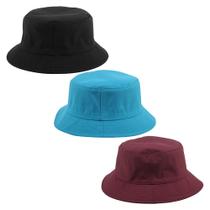 Kit 3 Chapeu Bucket Hat Liso Unissex Preto, Azul E Bordo