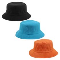 Kit 3 Chapeu Bucket Hat Liso Unissex Preto, Azul E Laranja