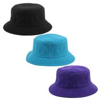 Kit 3 Chapeu Bucket Hat Liso Unissex Preto, Azul E Roxo