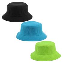 Kit 3 Chapeu Bucket Hat Liso Unissex Preto Azul E Verde Neon
