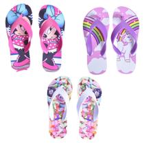 kit 3 Chinelos Feminino Infantil Meninas Personagens Minnie Unicornio Fini