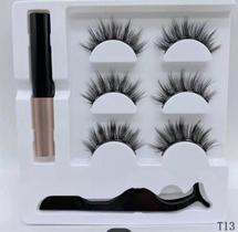 KIT 3 Cilios Magneticos Posticos Com 5 Imãs 3 Par Delineado r-Cílios + Pinça Curva + Delineador Magnético