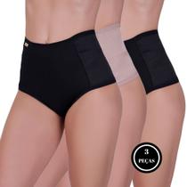 Kit 3 Cinta de Compressão Calcinha Modeladora Cós Alto Poliamida - c12 KIT 3 OLGA PRETO BEGE E PRETO