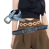 Kit 3 Cintos: Country Fivela Dupla Cor Sortida + Strass + Correntinha