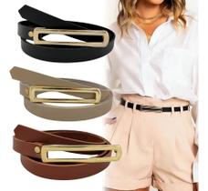 Kit 3 Cintos Feminino Fino Fivela Dourada Comprido Cor Preto