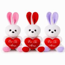 Kit 3 Coelhos de Pelúcia com Coração Para Páscoa Bonecos Decorativos 30cm Fofo Presente
