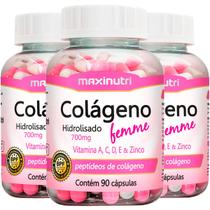 Kit 3 Colágeno Hidrolisado Femme com Vitaminas E A C D e Zinco 90 Cápsulas Maxinutri Kit 3 Colágeno Hidrolisado Femme com Vitaminas E A C D e Zinco 90 Cápsulas Maxinutri