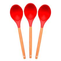 Kit 3 Colher De Silicone Com Cabo De Madeira 32 Cm Vermelha-