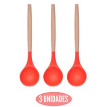 Kit 3 Colher Silicone Arroz Vermelho Resistente Cabo Bambu