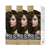 Kit 3 Coloracao Creme Chocolate 6.7 Oleo Marula Gold Color