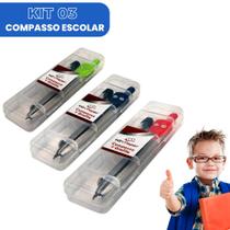 Kit 3 Compassos Escolares com Grafite Extra Ideal para Desenho e Estudo Sortido - Win Paper